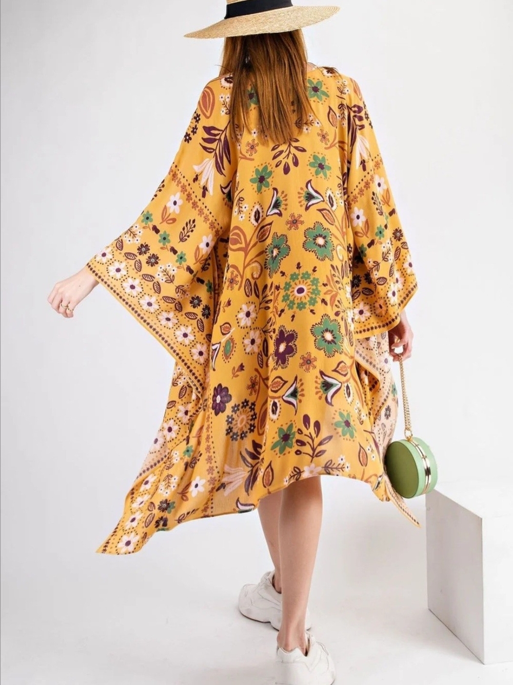 Easel Boho Mustard Floral Open-Front Kimono